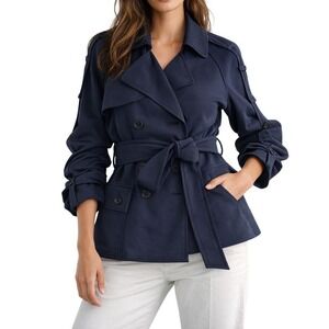 Les Copains Italy Navy Belted Trench Jacket Stretch Knit Sz L IT 44 Light Spring